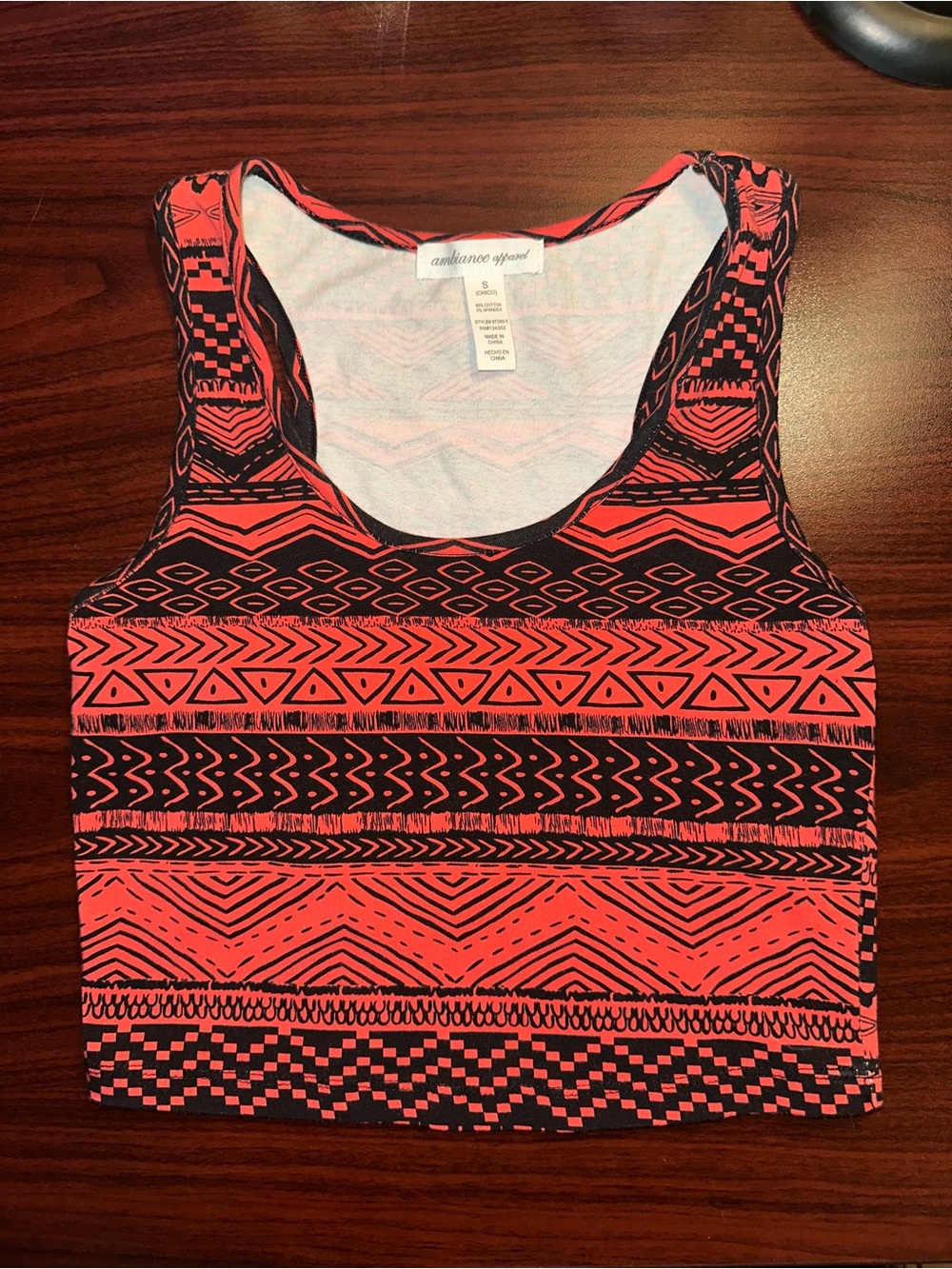 Ambiance Coral & Black Geometric Tribal-Print Crop Tank